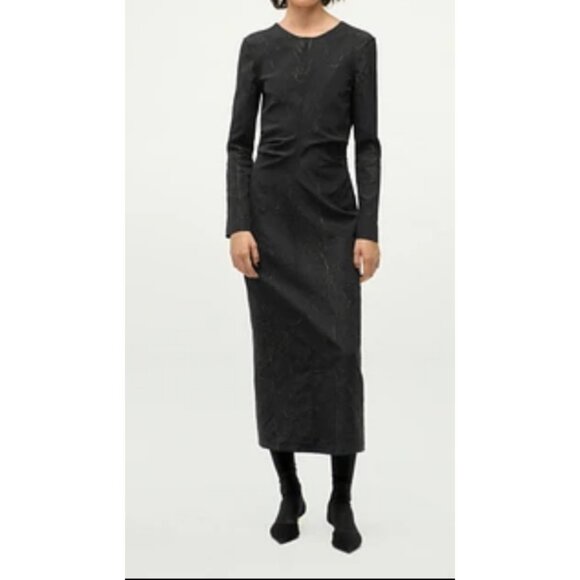 ZARA Black Round Neck Long Sleeves Wrinkled Fabric Open Back Midi Dress SzXL New - Picture 3 of 14